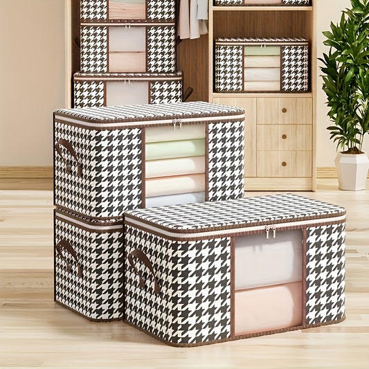 Houndstooth Pattern Storage Box, Zipper Dustproof Wardrobe Container With Visible Window